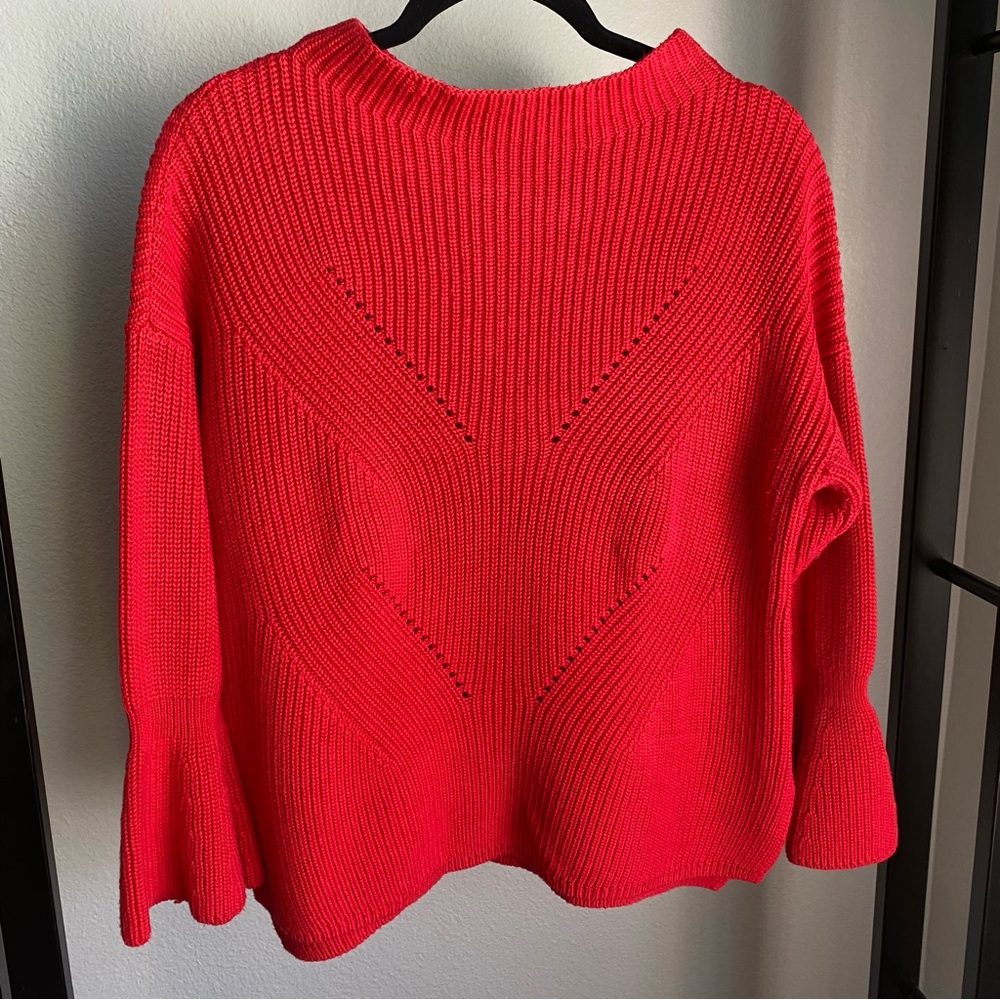 LOFT Womens Sweater Red Pullover Bell Sleeve Large Split Hem‎ High Neck